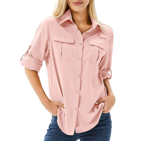Effortless Cargo Utility Shirt for Women with Collar Roll Tab Sleeve Button Front Chest Pocket Casual Style