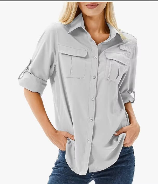 Effortless Cargo Utility Shirt for Women with Collar Roll Tab Sleeve Button Front Chest Pocket Casual Style