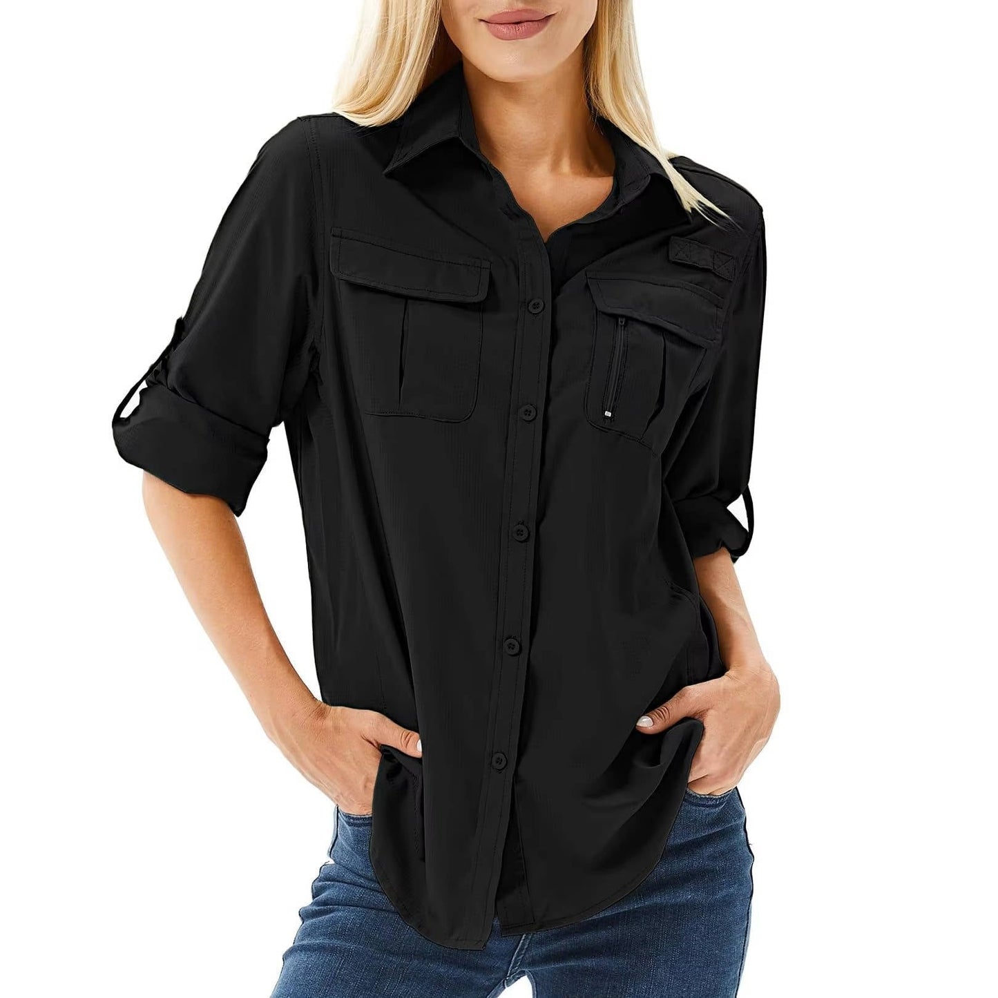 Effortless Cargo Utility Shirt for Women with Collar Roll Tab Sleeve Button Front Chest Pocket Casual Style