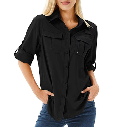 Effortless Cargo Utility Shirt for Women with Collar Roll Tab Sleeve Button Front Chest Pocket Casual Style