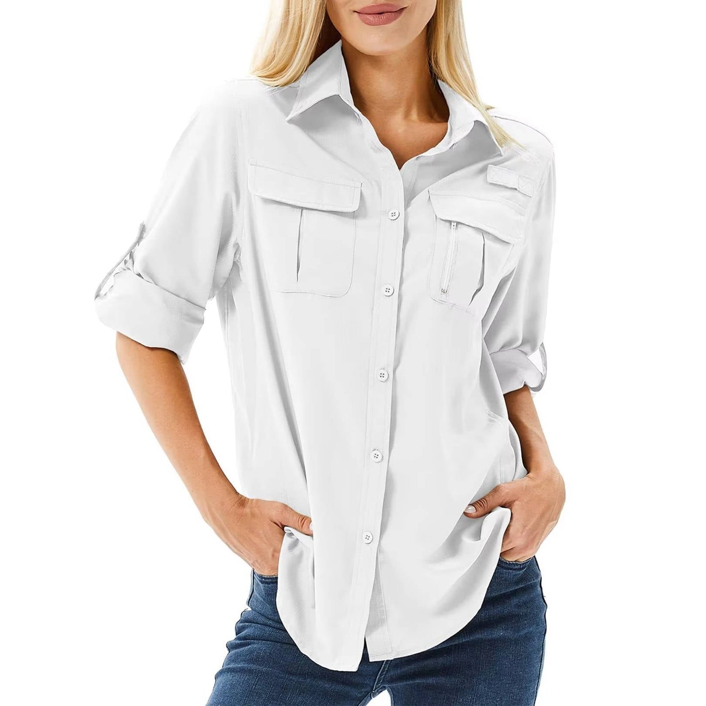 Effortless Cargo Utility Shirt for Women with Collar Roll Tab Sleeve Button Front Chest Pocket Casual Style