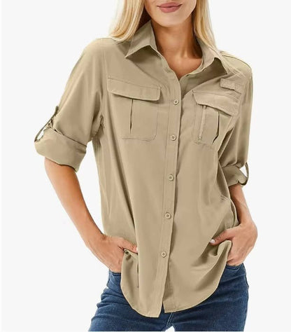 Effortless Cargo Utility Shirt for Women with Collar Roll Tab Sleeve Button Front Chest Pocket Casual Style