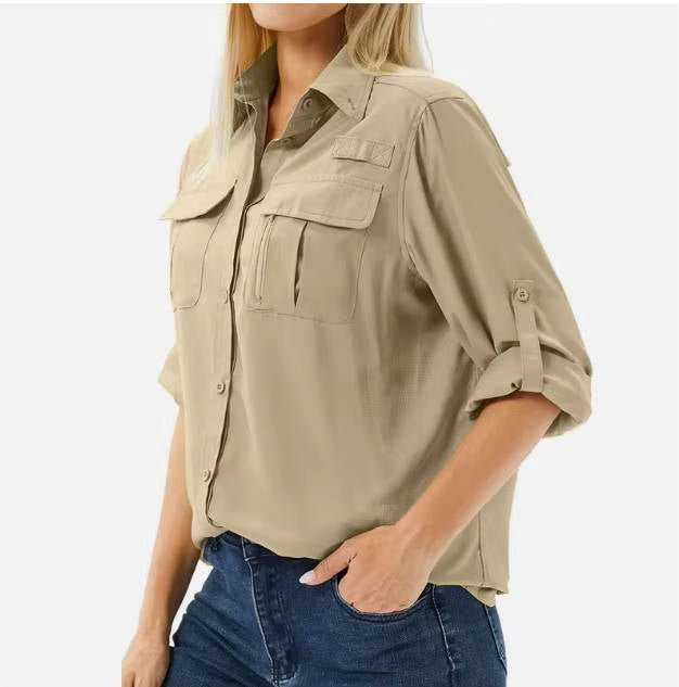 Effortless Cargo Utility Shirt for Women with Collar Roll Tab Sleeve Button Front Chest Pocket Casual Style
