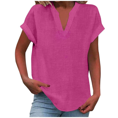 Effortless Linen Blouse for Women with V Neck Short Sleeve Relaxed Curved Hem Style
