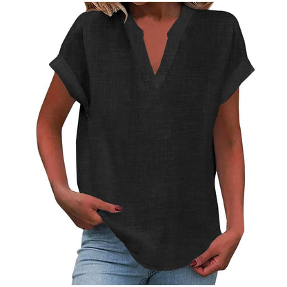 Effortless Linen Blouse for Women with Notch Neck Short Sleeve Relaxed Tunic Style