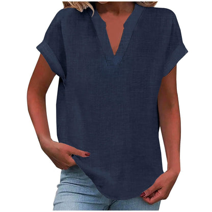 Effortless Linen Blouse for Women with Notch Neck Short Sleeve Relaxed Tunic Style