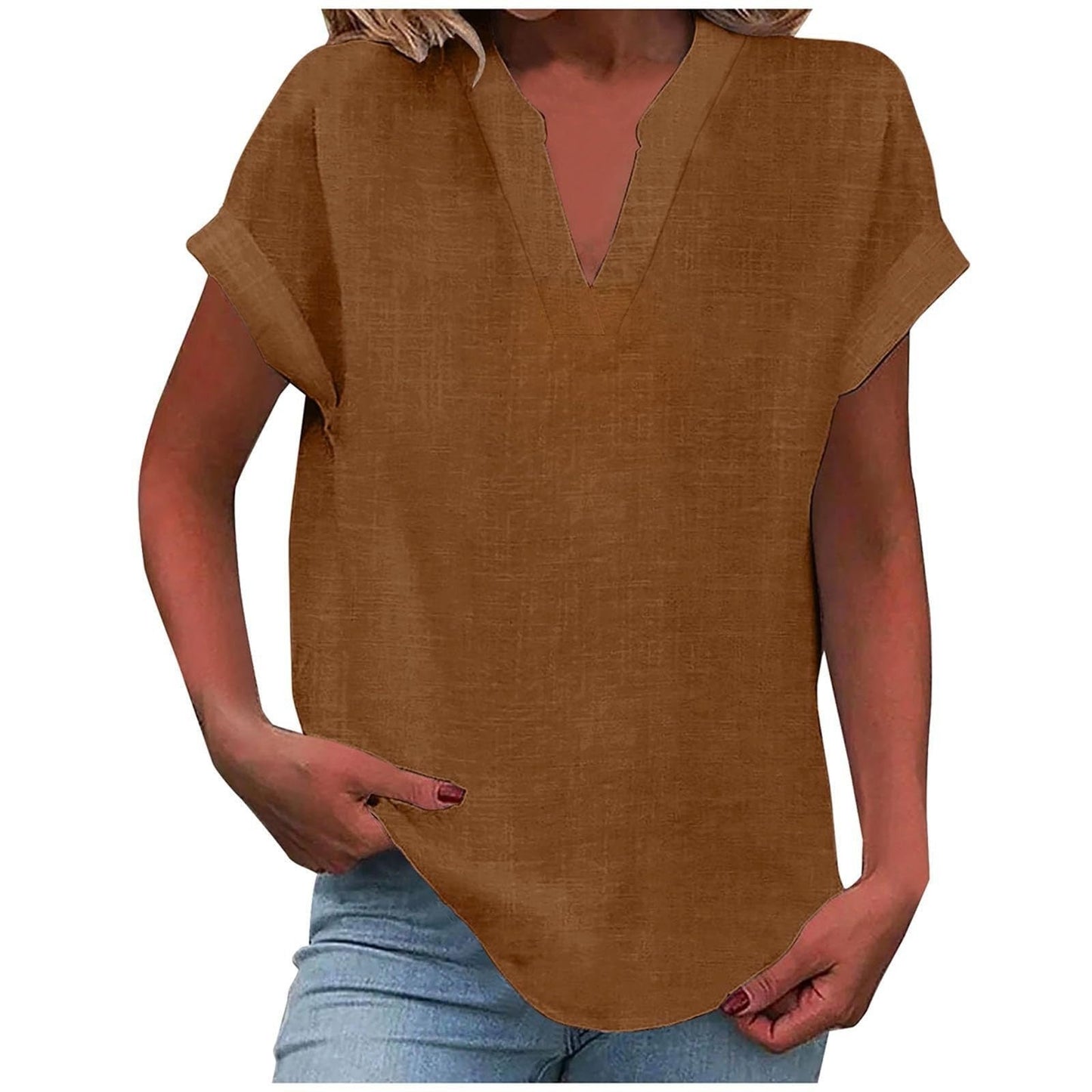 Effortless Linen Blouse for Women with Notch Neck Short Sleeve Relaxed Tunic Style