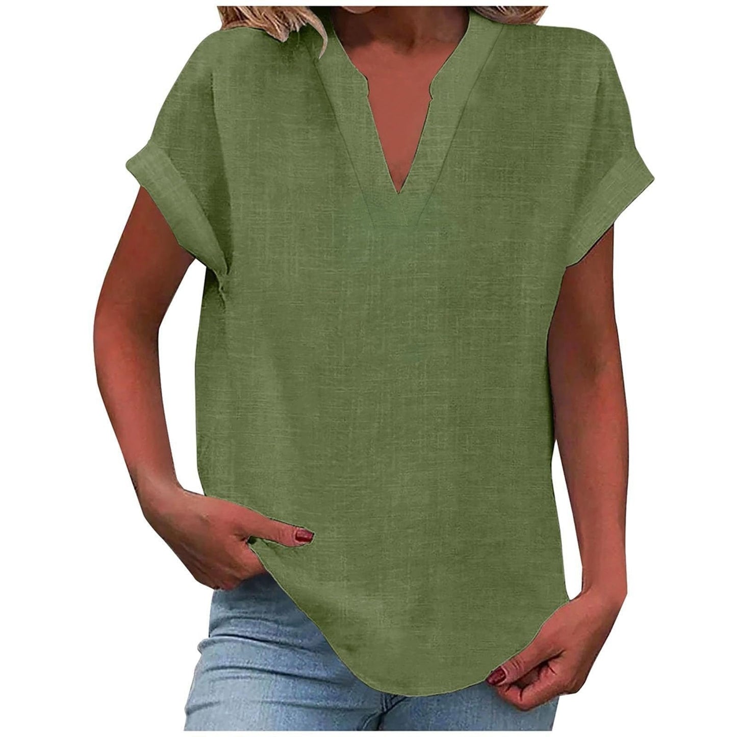 Effortless Linen Blouse for Women with V Neck Short Sleeve Relaxed Curved Hem Style
