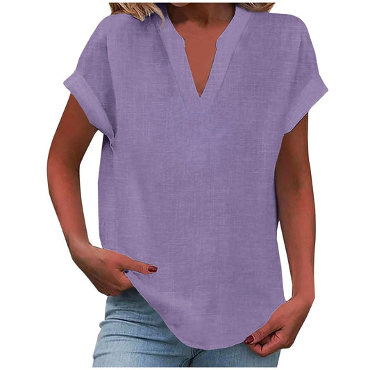 Effortless Linen Blouse for Women with Notch Neck Short Sleeve Relaxed Tunic Style