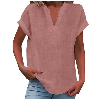 Effortless Linen Blouse for Women with Notch Neck Short Sleeve Relaxed Tunic Style
