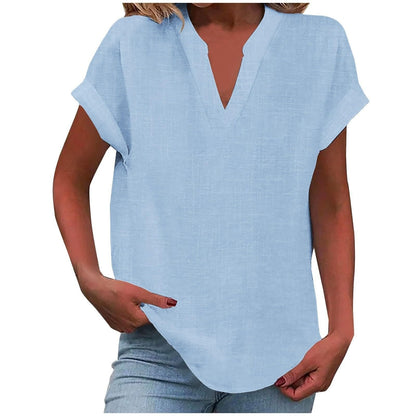 Effortless Linen Blouse for Women with Notch Neck Short Sleeve Relaxed Tunic Style