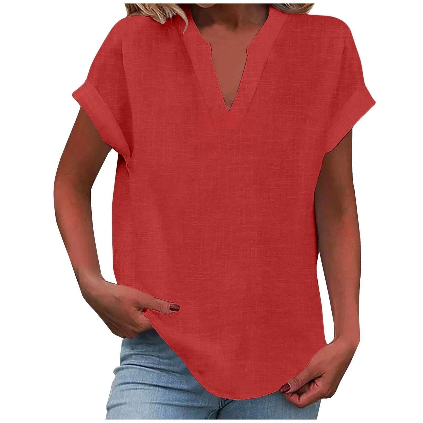 Effortless Linen Blouse for Women with V Neck Short Sleeve Relaxed Curved Hem Style