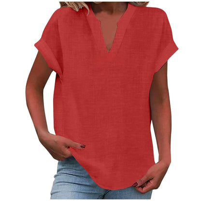 Effortless Linen Blouse for Women with Notch Neck Short Sleeve Relaxed Tunic Style