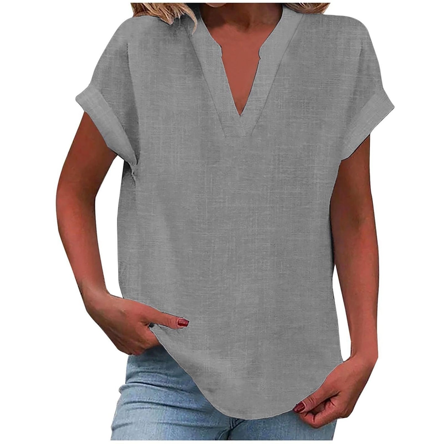 Effortless Linen Blouse for Women with Notch Neck Short Sleeve Relaxed Tunic Style