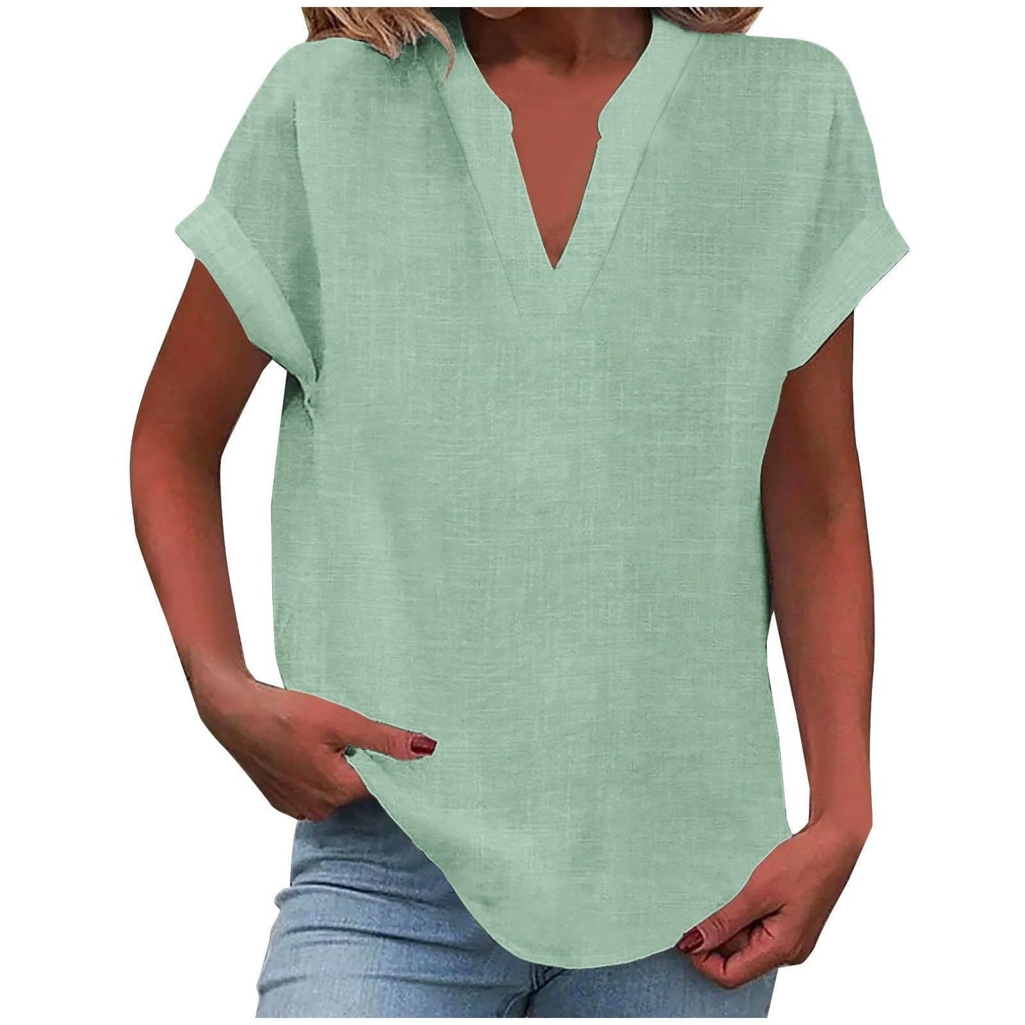 Effortless Linen Blouse for Women with Notch Neck Short Sleeve Relaxed Tunic Style
