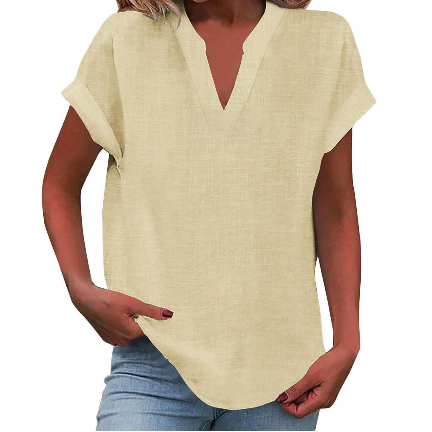 Effortless Linen Blouse for Women with Notch Neck Short Sleeve Relaxed Tunic Style