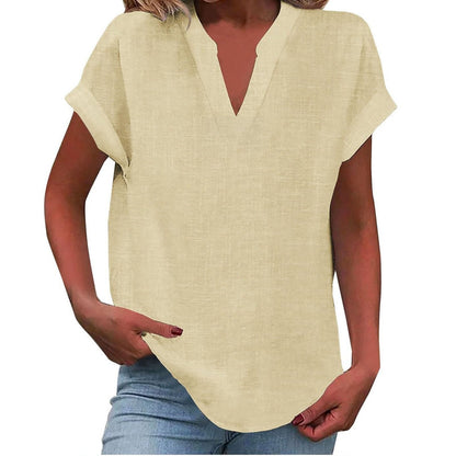 Effortless Linen Blouse for Women with Notch Neck Short Sleeve Relaxed Tunic Style