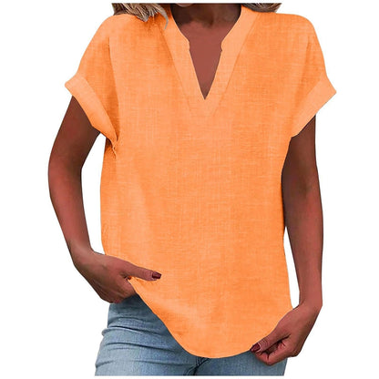 Effortless Linen Blouse for Women with Notch Neck Short Sleeve Relaxed Tunic Style