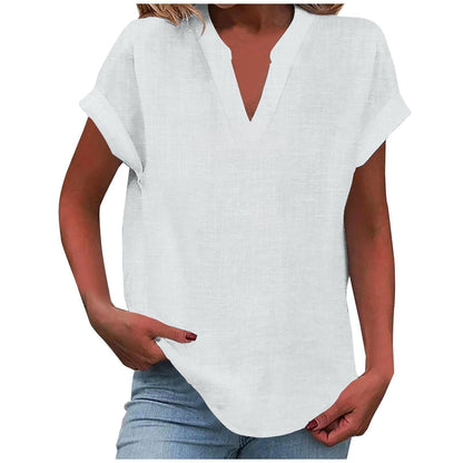 Effortless Linen Blouse for Women with V Neck Short Sleeve Relaxed Curved Hem Style