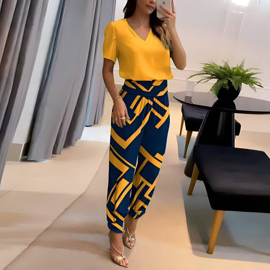Effortless Printed Wide Leg Set for Women with V Neck Short Sleeve Elastic Waist Two Piece Style