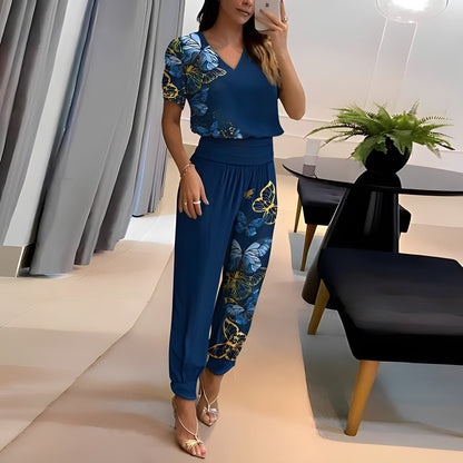 Effortless Printed Wide Leg Set for Women with V Neck Short Sleeve Elastic Waist Two Piece Style