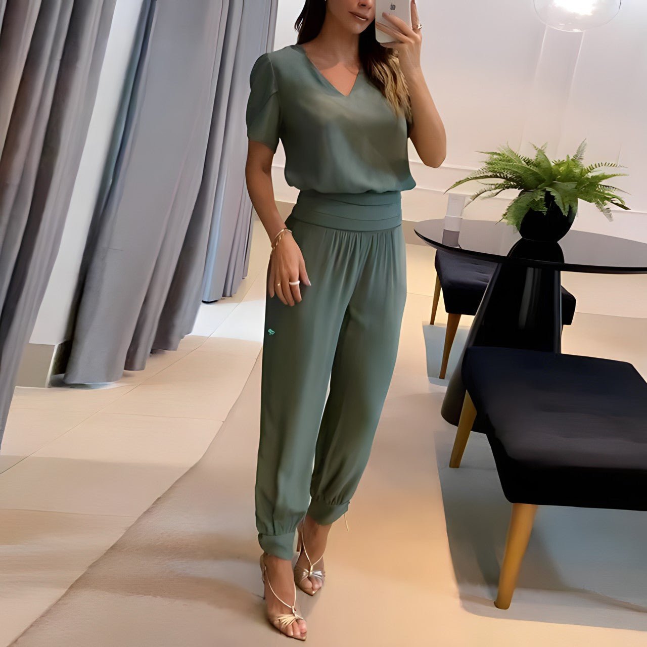 Effortless Printed Wide Leg Set for Women with V Neck Short Sleeve Elastic Waist Two Piece Style