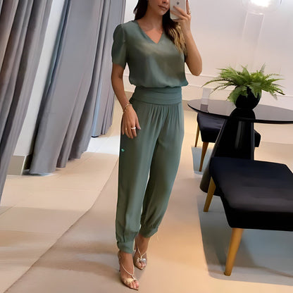 Effortless Printed Wide Leg Set for Women with V Neck Short Sleeve Elastic Waist Two Piece Style