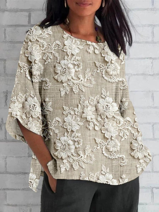 Effortless Embroidered Floral Lace Blouse for Women with Round Neck Half Sleeve Relaxed Oversized Style