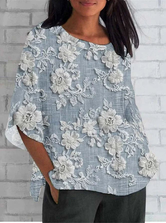 Effortless Embroidered Floral Lace Blouse for Women with Round Neck Half Sleeve Relaxed Oversized Style