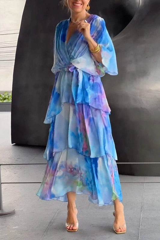 Effortless Watercolor Print Maxi Dress for Women with V Neck Flutter Sleeve Tiered Ruffle Flowing Bohemian Style