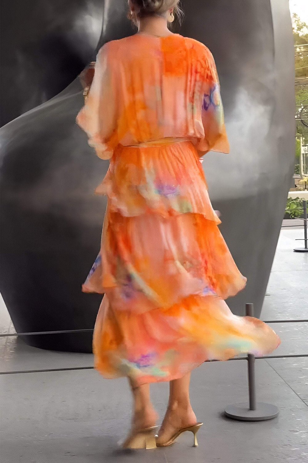 Effortless Watercolor Print Maxi Dress for Women with V Neck Flutter Sleeve Tiered Ruffle Flowing Bohemian Style