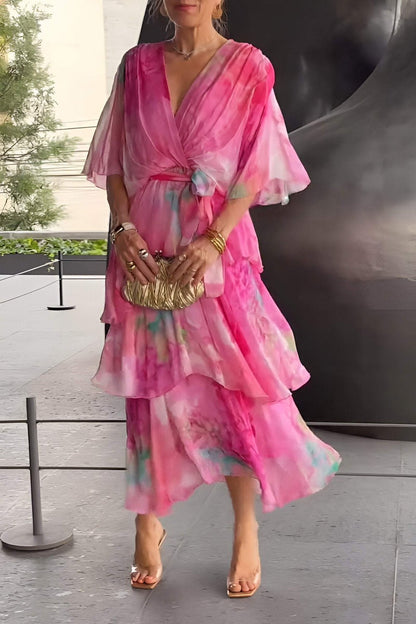 Effortless Watercolor Print Maxi Dress for Women with V Neck Flutter Sleeve Tiered Ruffle Flowing Bohemian Style
