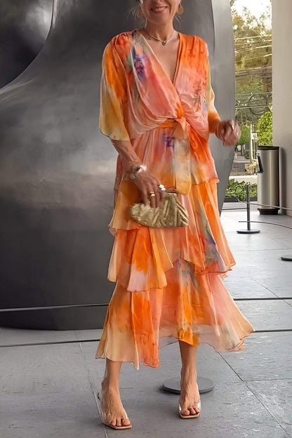 Effortless Watercolor Print Maxi Dress for Women with V Neck Flutter Sleeve Tiered Ruffle Flowing Bohemian Style