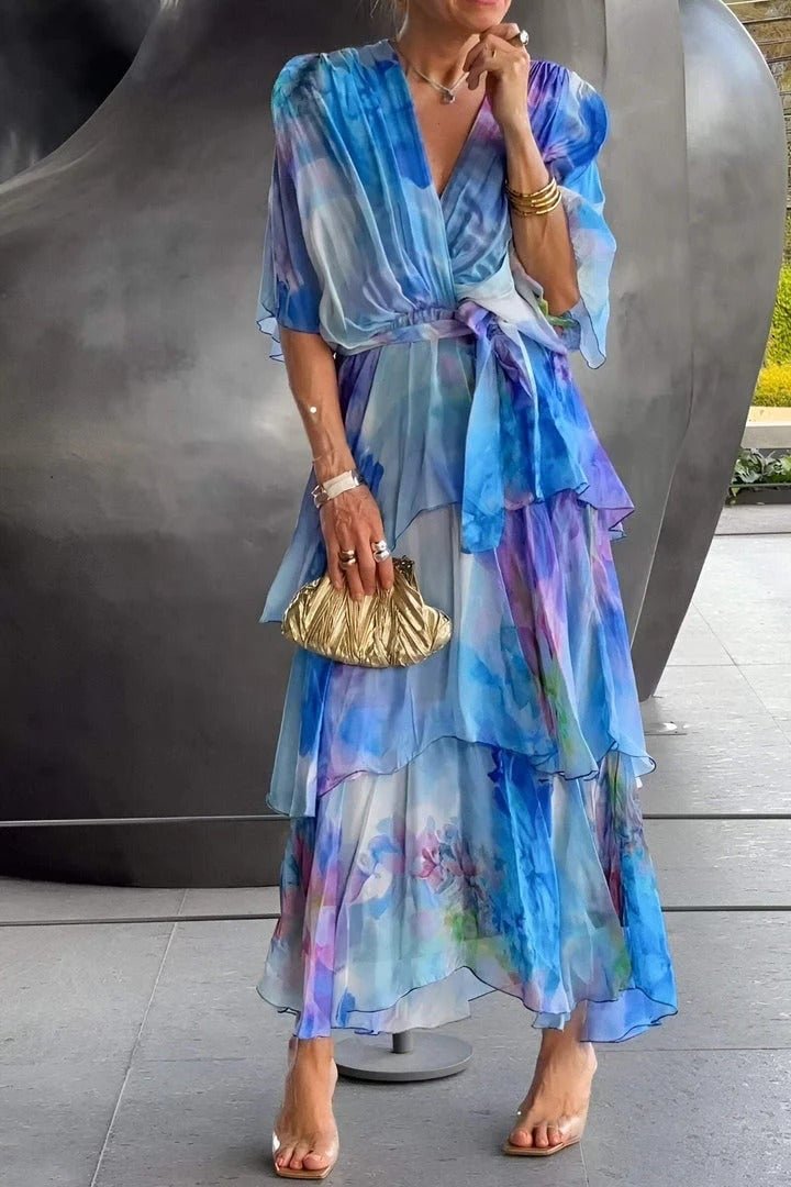 Effortless Watercolor Print Maxi Dress for Women with V Neck Flutter Sleeve Tiered Ruffle Flowing Bohemian Style