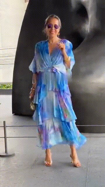 Effortless Watercolor Print Maxi Dress for Women with V Neck Flutter Sleeve Tiered Ruffle Flowing Bohemian Style