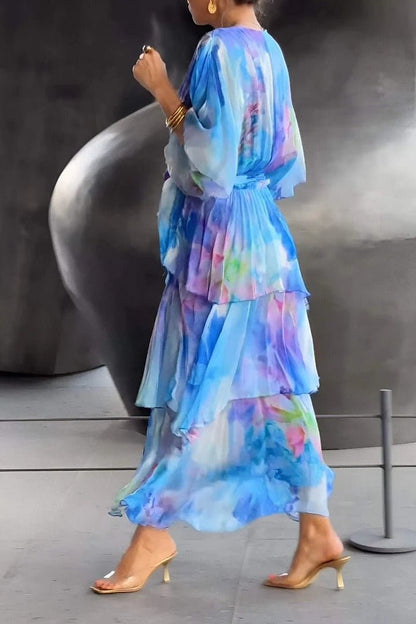 Effortless Watercolor Print Maxi Dress for Women with V Neck Flutter Sleeve Tiered Ruffle Flowing Bohemian Style