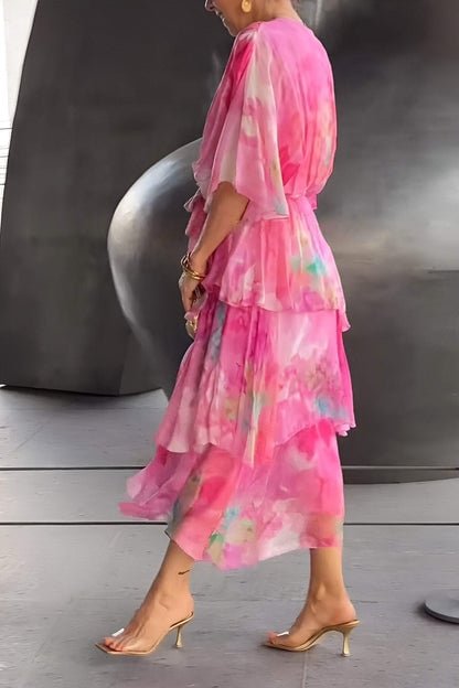 Effortless Watercolor Print Maxi Dress for Women with V Neck Flutter Sleeve Tiered Ruffle Flowing Bohemian Style