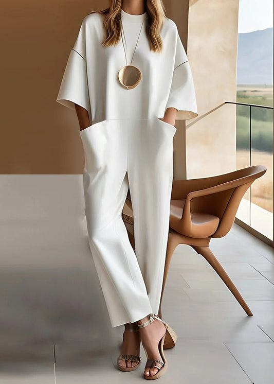 Effortless Wide Leg Jumpsuit for Women with Crew Neck Batwing Sleeve Tapered Relaxed Style