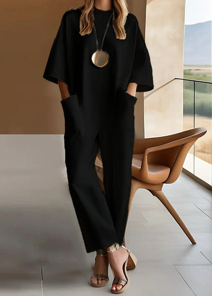 Effortless Wide Leg Jumpsuit for Women with Crew Neck Batwing Sleeve Tapered Relaxed Style