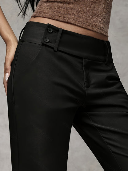 Elegant Black Wide Leg Pants for Women with Button Tab Waistband Flared Hem Office Style