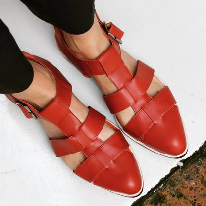Elegant Leather Fisherman Sandal for Women with Pointed Toe Buckle Ankle Strap Woven Flat Style