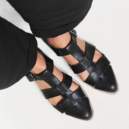 Elegant Leather Fisherman Sandal for Women with Pointed Toe Buckle Ankle Strap Woven Flat Style