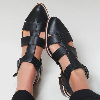 Elegant Leather Fisherman Sandal for Women with Pointed Toe Buckle Ankle Strap Woven Flat Style