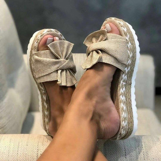 Stylish Espadrille Platform Slide Sandal for Women with Bow Knot Open Toe Woven Trim Casual Style