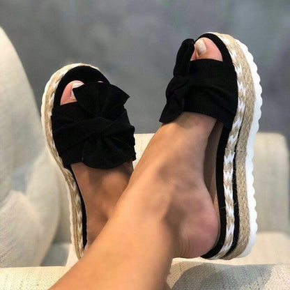 Stylish Espadrille Platform Slide Sandal for Women with Bow Knot Open Toe Woven Trim Casual Style
