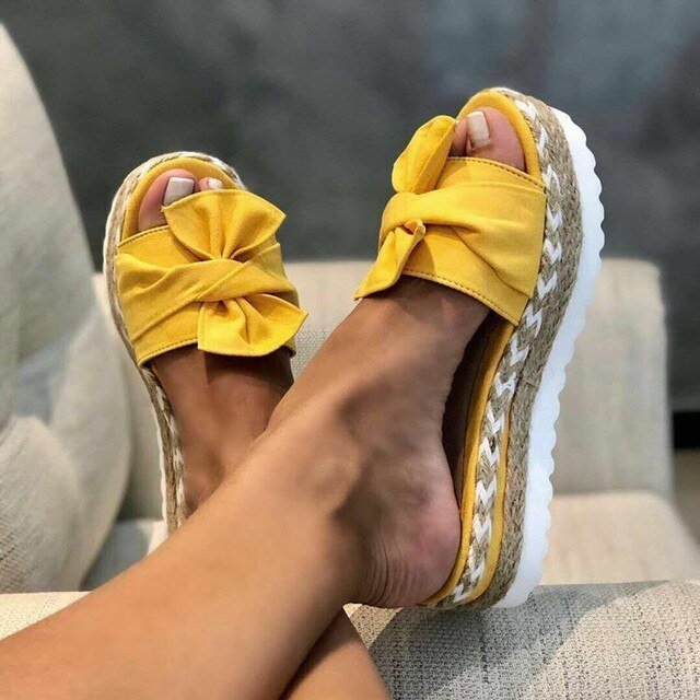 Stylish Espadrille Platform Slide Sandal for Women with Bow Knot Open Toe Woven Trim Casual Style