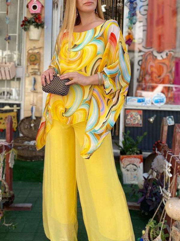 Effortless Swirl Print Wide Leg Set for Women with Round Neck Batwing Sleeve Kaftan Two Piece Style