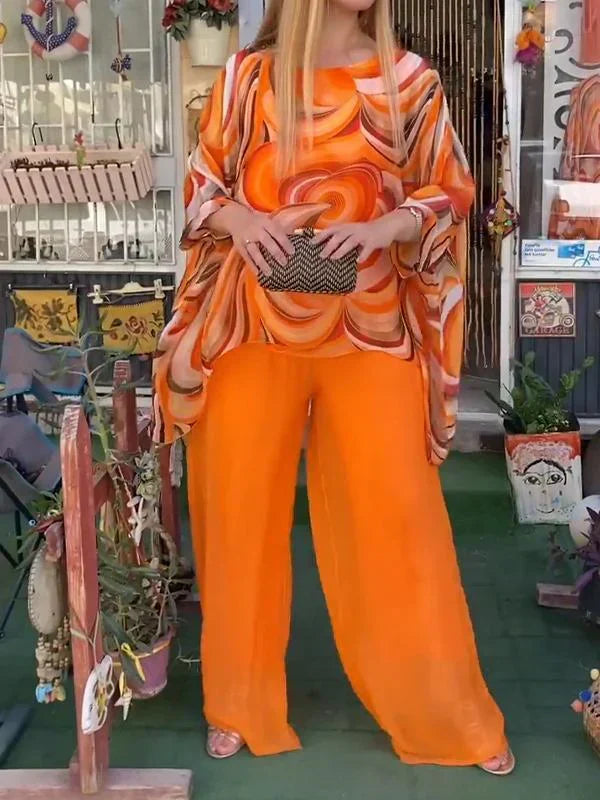 Effortless Swirl Print Wide Leg Set for Women with Round Neck Batwing Sleeve Kaftan Two Piece Style