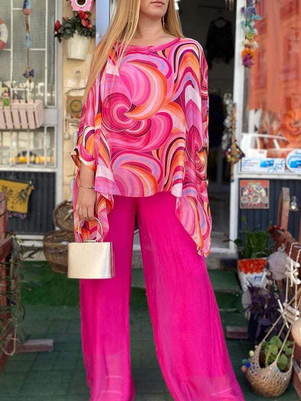 Effortless Swirl Print Wide Leg Set for Women with Round Neck Batwing Sleeve Kaftan Two Piece Style