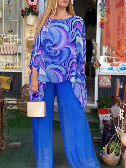 Effortless Swirl Print Wide Leg Set for Women with Round Neck Batwing Sleeve Kaftan Two Piece Style